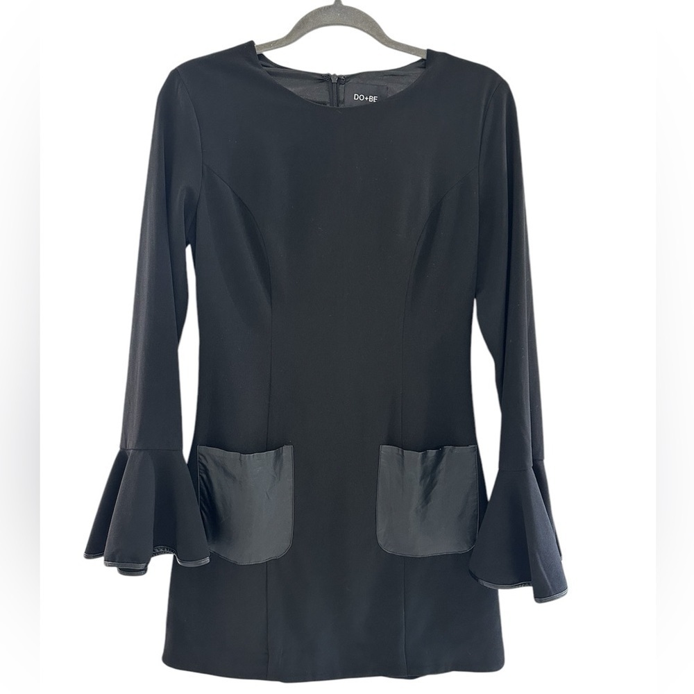 Do + Be Women’s Black Bell Sleeve Pocket dress Vegan Leather Trim Size Small